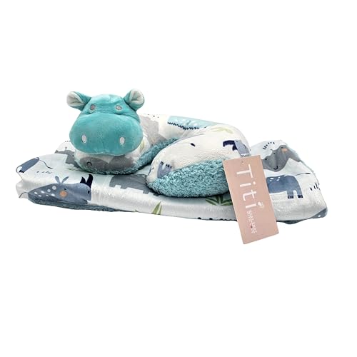 Image of TITI with Love Reversible Baby Blanket and Pillow Set - Hippo Baby Blanket with Soft Plush Neck Pillow, Ideal for Travel, Crib, 37x27 in