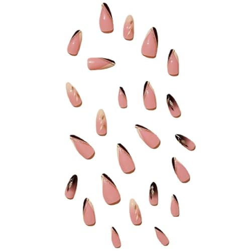 Image of Leaf Press on Nails Gold Glitter Fake Nails Medium Almond False nails with Design French Tip Glue on Nails Artificial Acrylic Nail Full Cover Nude Stick on Nails for Women Manicure 24Pcs
