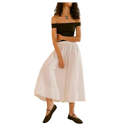 APAFES Women's High Waisted Cotton Midi Skirt A-Line Flowy Summer Skirt with Pockets(te-S) White