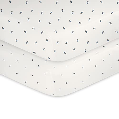 Image of Ely's & Co. Patent Pending Waterproof Crib Sheets, 100% Cotton with Waterproof Lining - Built in Mattress Protector, 2 Pack Fitted Crib Sheet Set, Berry and Cluster Dot (Blue) 28 inch x 52 inch