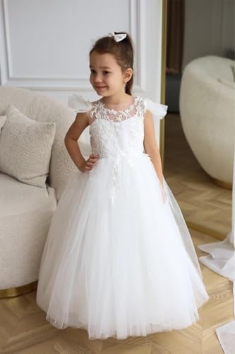 Lace Applique Flower Girl Dress for Wedding Sparkle Tulle Bow Knot Ball Gowns Long Pageant Ceremony Long Dress TJ214