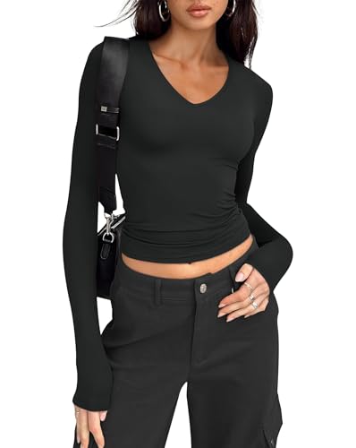 IWD Womens Long Sleeve Shirts V Neck Casual Tops 2025 Fashion Slim Fitted Tops Basic Tee Y2k Outfits2