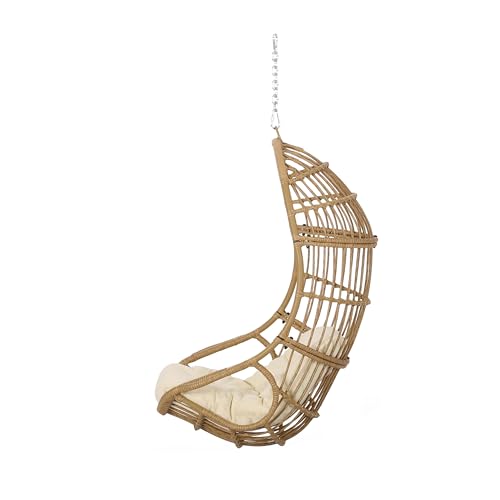 Image of Christopher Knight Home Mariah Wicker Hanging Chair with Cushion, Outdoor Indoor Basket Chair, Boho Garden Lounger Porch Swing Furniture, Modern Patio Decor, Light Brown and Beige
