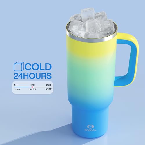 Image of ENCOOL 40 oz Tumbler with Handle and Straw: Stainless Steel Insulated Tumbler Keeps Cold for 24 Hours, Leakproof Travel Cup Fits in Cup Holder and BPA-Free, Soft Lagoon