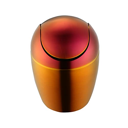 Image of Mini Desktop Trash Can with Swing Lid 18 /10 Stainless Steel Counter Top Garbage Bin Egg Shaped Metal Waste Bin (Orange Red, 0.4 Gallon)