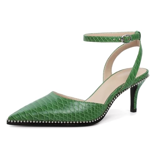 Image of SAMMITOP Kitten Heels for Women Low Heel Closed Toe Ankle Strap Pumps Wedding Party Beaded Dress Shoes 2.4 Inch