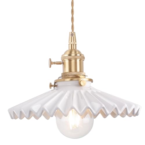Image of Shenmoyl Pendant Light with White Pleated Ceramic Lmapshade, Brass Vintage Pendant Light Adjustable Hanging Light for Kitchen Island Dining Room Hallway