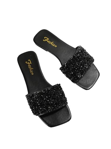 SweatyRocks Women's Casual PU Leather Flat Sandals Rhinestone Glitter Open Toe Slides Outdoor Flat Sandals