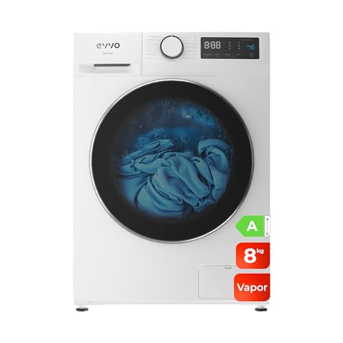 EVVO Lavadora 8kg, Vapor, Bajo consumo, Clase A, Motor Inverter, Hygiene Pro, Lavado Rápido 15', Tambor ePROTECT, Inicio Diferido, 1400 rpm, 15 programas, Carga frontal, Nature (8Kg, Blanco)