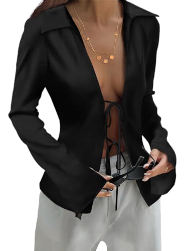 Womens Tie Front Satin Silk Blouse Sexy Deep V Neck Long Sleeve Open Front Club Tops Y2k Going Out Shirts