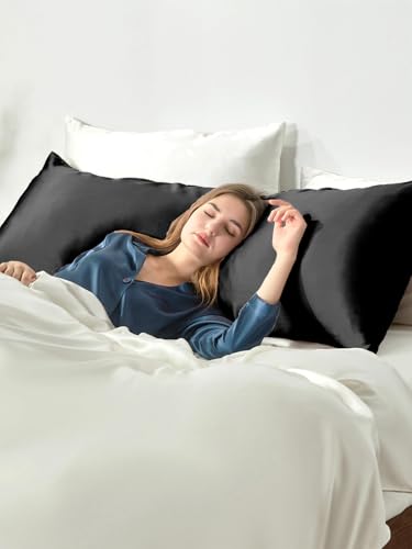Image of THXSILK Set of 2 100% Mulberry Silk Pillowcase for Hair and Skin Health, 22 Momme Soft and Smooth Pillowcases with Hidden Zipper, Both Sides Premium Grade 6A+ Silk, Body Size 20 inchx54 inch, Black