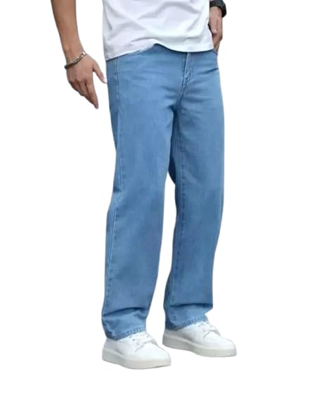 Loose Fit Baggy Denim Jeans, Sky Blue, Plain-image-6