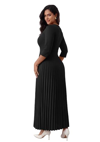 Image of FANDEE Women's V-Neck Pleated Maxi Dress A-Line 3 /4 Sleeve with Pockets