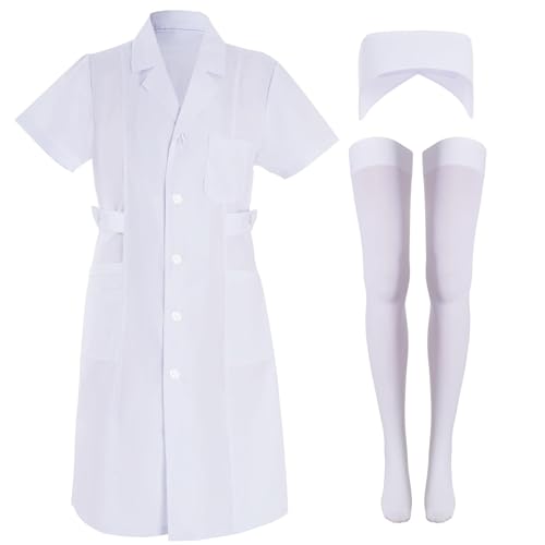 mifengda 3pcs Nurse Costume for Women White Short Sleeve Lab Coat Doctor Costume Halloween Nurse Dress Outfit for Cosplay Party(XL)