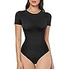 REYEOGO-Women-Shapewear-Bodysuit-Scoop-Neck-Tank-Top-Short-Sleeves-Jumpsuit-Slim-Fit-Bodycon-Clubwear-Basic-T-Shirts-Romper REYEOGO women bodycon Scoop Neck bodoysuit T-shirt shaperwear Short Sleeve Basic Bodysuits (Large, Black)