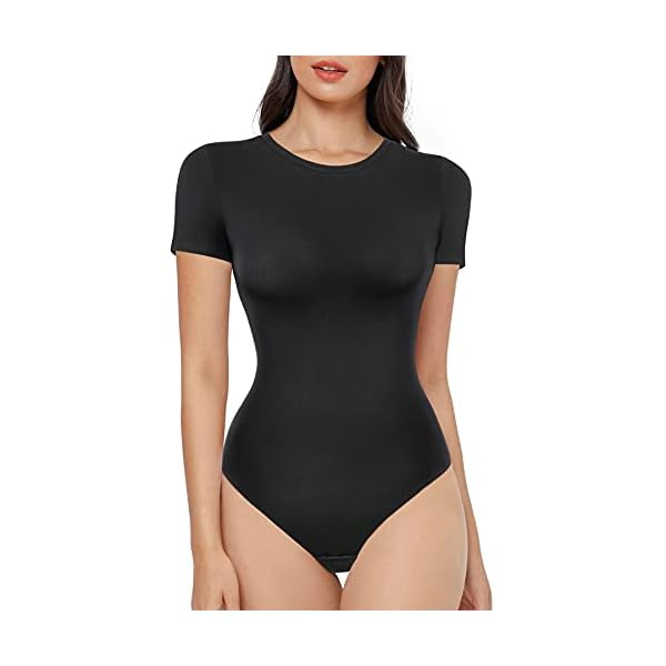 REYEOGO-Women-Shapewear-Bodysuit-Scoop-Neck-Tank-Top-Short-Sleeves-Jumpsuit-Slim-Fit-Bodycon-Clubwear-Basic-T-Shirts-Romper REYEOGO women bodycon Scoop Neck bodoysuit T-shirt shaperwear Short Sleeve Basic Bodysuits (Large, Black)