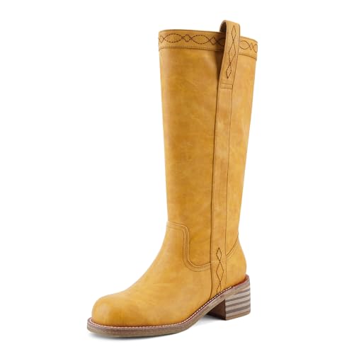 Image of UBWDU Women's Knee High Boots Chunky Block Heel Long Boots Square Toe Low Heel Boots for Women