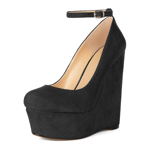 YODEKS Women Wedge High Heels Pumps Platform Round Toe Pumps Ankle Strap Wedge High Heels Dress Shoes 6 Inches Black Suede US Size 9