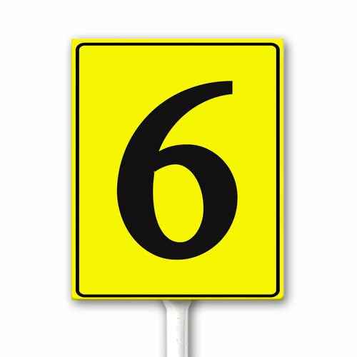 Aluminum Number Signs 6, Metal Yellow Numbered Signs With Stake Outdoor for Parking Lots Yard Floor Dock Court Street Field, 18x22 CM Sturdy Weatherproof Fade Resistant Easy Mounting