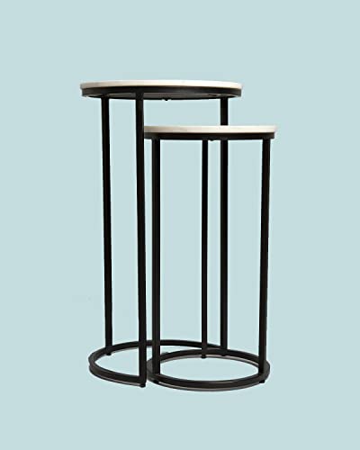 Image of Brown Arts Shoppee Round Nesting Tables Simple Modern Small Round Table MDF Top Metal Table Living Room Sofa Set of 2 (White & Black)