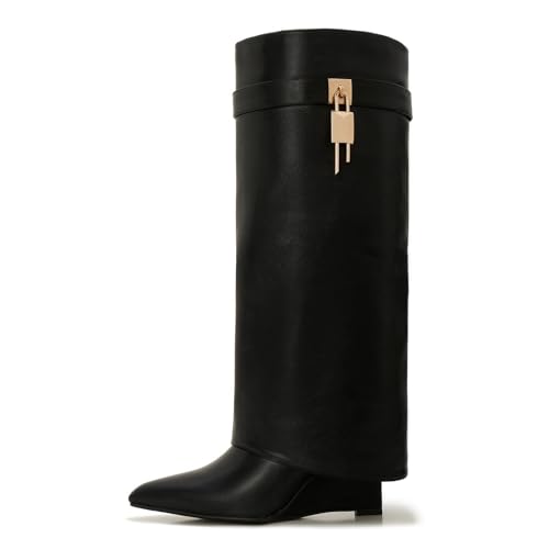 Women's Wide Calf Shark Boots - Fold Over Knee High Leather Boots with Side Zipper and Lock Buckle, Low Wedge Heel Winter Style