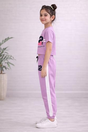 Image of Trampoline Girls Printed Co-Ord Set | Half Sleeve T-Shirt & Jogger Trackpant Set | Casual Wear Lounge Wear Outfit for Girls