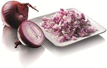 Finely chopped red onions on a white plate, demonstrating the food processor's chopping function.