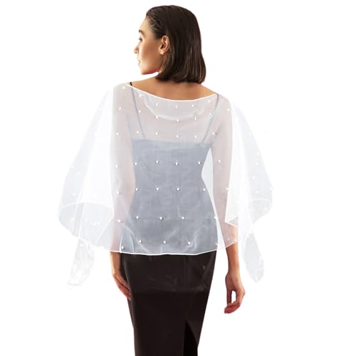 Pearl Sheer Shawl, White Pearl Shawl Soft Tulle Bridal Cape Wedding Scarf Lightweight Women Dress Topper for Evening Dresses Wedding, Formal Party