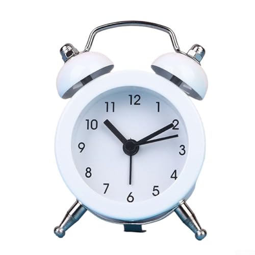 Pumixiy Reloj despertador de doble campana con movimiento de cuarzo con cuerpo de metal y cara de PVC para uso doméstico, oficina o viajes, reloj analógico alimentado por pilas (blanco)