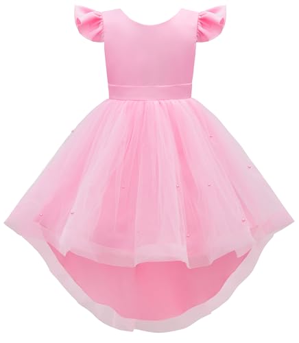 Uhnice Flower Girl Dress Flutter Sleeve Tulle Dress with Pearl for Wedding Birthday Party