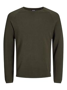 JACK & JONES Herren Strickpullover Rundhals Basic Langarm Sweater Baumwolle Shirt JJEHILL, Farben:Olive,Größe Pullover:L