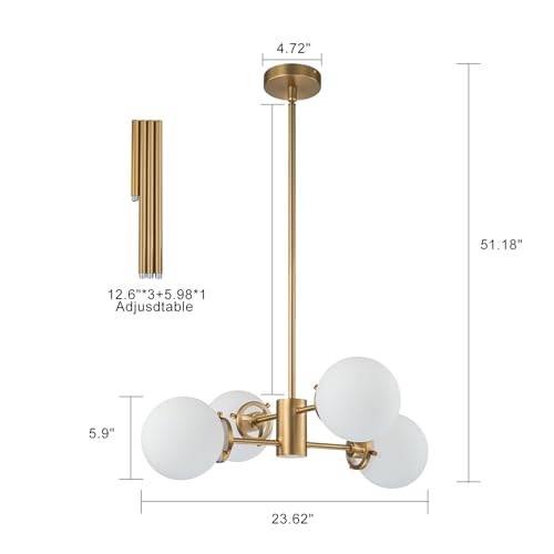 Image of Gold Sputnik Chandelier with Milk Glass Globes, 23.6 inch 4-Light Mid-Century Pendant Light for Dining Room, Living Room,Foyer, Entryway