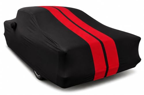 Image of SR1 Performance USA Indoor Car Cover for 1950-1957 Chevy Bel Air - Ultraguard Stretch Satin, Custom Fit Indoor Protection, Soft Breathable Dust Cover, Premium Show Car (Black with Red Stripes)