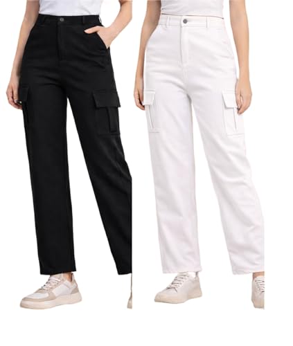 Image of Women's Cargo Pants High Waisted Baggy Wide Leg Cargo Trousers Casual Loose Fit 4 Pocket Utility Streetwear Fashion Work Bottoms, White Black Pink Lavender Beige Brown