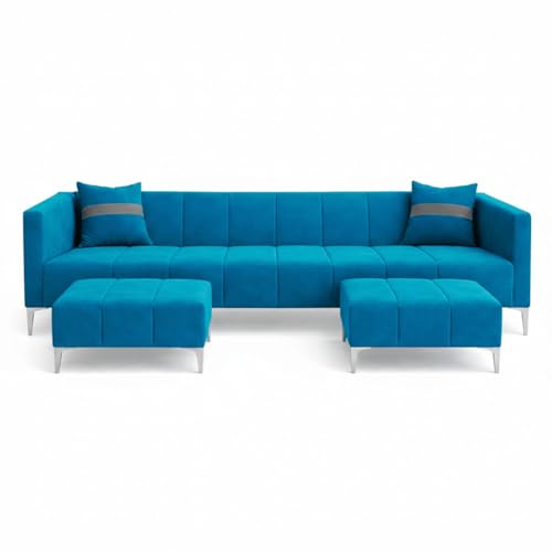 Image of Solomon 6 Seater L Shape Sofa Set with 2 Movable Ottoman | Flexible Left or Right Layout | Luxe Velvet Suede Fabric | Comfortable Seating | Modern Sofa for Living Room - Aqua Blue