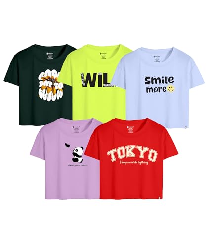 Image of KYDA KIDS 100% Cotton Crop top for Girls - Printed Half Sleeve Stylish Tshirt, Regular Fit Tops for Girl (Pack of 5)
