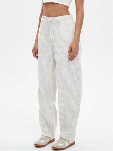 Striped Pants Women Loose Mid Rise Stripe Barrel Jeans Casual Wide Leg Denim Trouser with Drawstring2