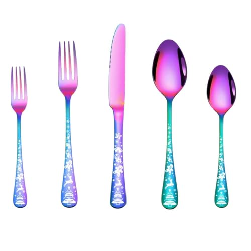 Image of Flatware Spoon Set, Stainless Steel Material, Cutlery for Home, Dishwasher Safe, Kitchen & Restaurant for Dining Table Luxury, Cutlery Include Knive, Forks & Spoon (5 Pieces, Color : Rainbow)