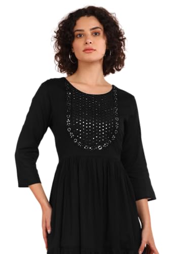Image of Maaesa Women Embroidered Cotton Flared Dress