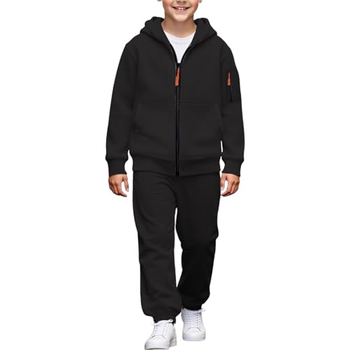 Teen Boys Tracksuit 2 Piece Gym Full Set Kids Full Zip Hooded Sweatshirt Jacket Baggy Jogger Sweatpants Toddler Boy Running Walking Hiking Sweatsuit Sportswear Loungewear Suit (Black, 14-15 Years)