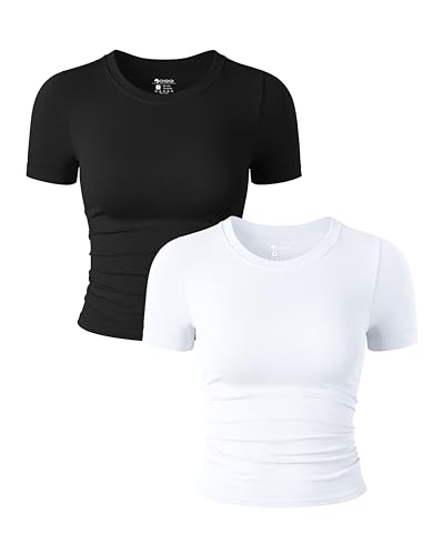 OQQ Womens 2 Piece Shirts Short Sleeve Crew Neck Ruched Stretch Fitted Tee Shirts Crop Tops