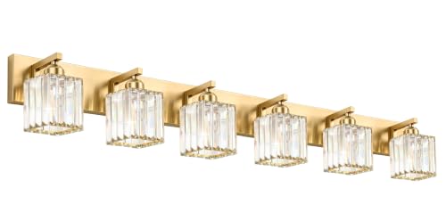 Image of Gold Crystal Bathroom Vanity Light, 6-Light Modern Bathroom Lighting Fixtures Over Mirror,Chrome Wall Sconce Light Fixtures with Square Shade