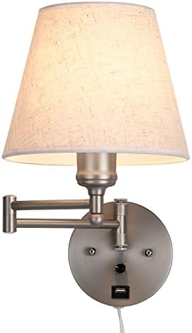Swing Arm Wall Lamp 9.5 inch Increase,Modern Indoor Plug in Wall Sconces, with Dimmable Switch and USB Charging Port Wall Light for Bedside House Reading Living Room Home. Nickel