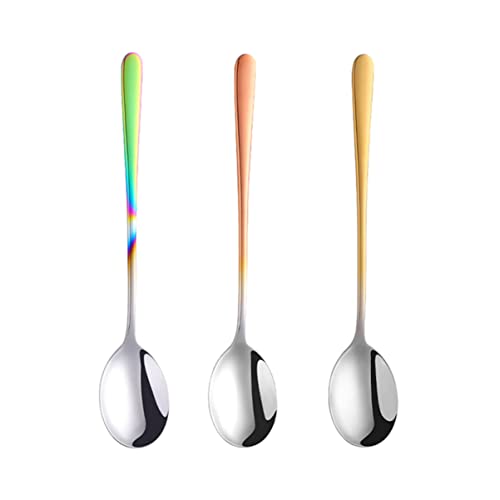 KICHOUSE 3Pcs Long Handle Stainless Steel Serving Spoon Elegant Golden Rose and Colorful Tableware for Home and Restaurant Dining