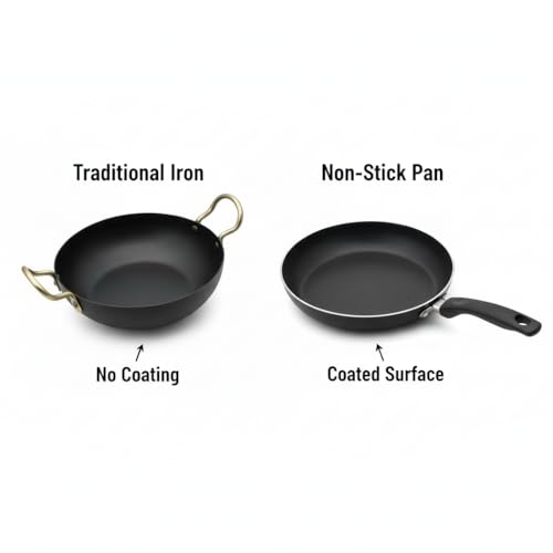 Image of Traditional Iron Deep Bottom Kadai with Handle, 8 Inch (19 cm), Ideal for Cooking on Induction and Gas Stoves