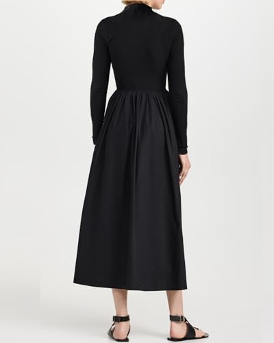 Women's Long Sleeve Turtleneck Maxi Dress Elegant Patchwork Casual Flowy Mock Neck Long Dress with Pockets4