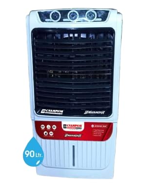 Champion Bawandar Air Cooler for home| Powerful Motor Honey Comb Pads 4 Way Swing Castot Wheels Water Level Indicator 1Yr Warranty| 3-Speed Control White Cooler for Room For 90-liter