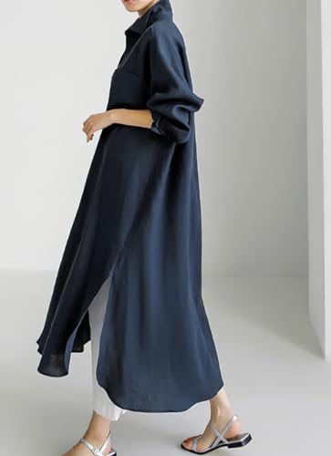 chouyatou Women's Spring Button Down Cotton Shirt Dress Summer Flowy Side Slit Maxi Shift Dress2