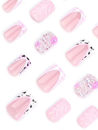 Image of Secret Lives Pink 3D Press On Nails - Glittery Pearl & Pink Leopard Print Wearable Artificial Nails