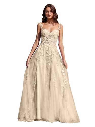 Image of Long Tulle Prom Dresses 2025 V Neck Floral Long Ball Gowns for Women Lace Applique Formal Evening Gowns ACE159